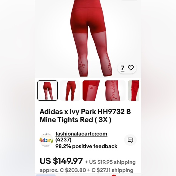 Adidas X Ivy Park mesh panel Mine legging/tights bright red side pocket! Size S - Picture 11 of 14